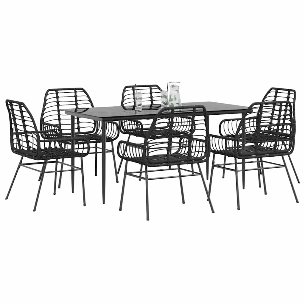 7 Piece Garden Dining Set Black Poly Rattan Glass