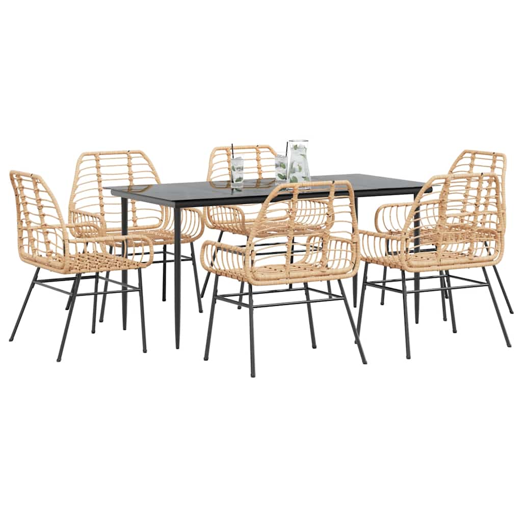 7 Piece Garden Dining Set Brown Poly Rattan Glass