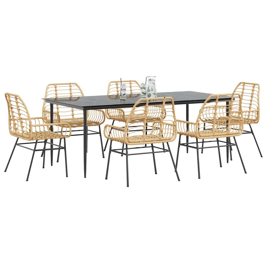7 Piece Garden Dining Set Brown Poly Rattan Glass