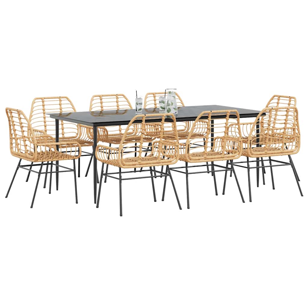 9 Piece Garden Dining Set Brown Poly Rattan Glass