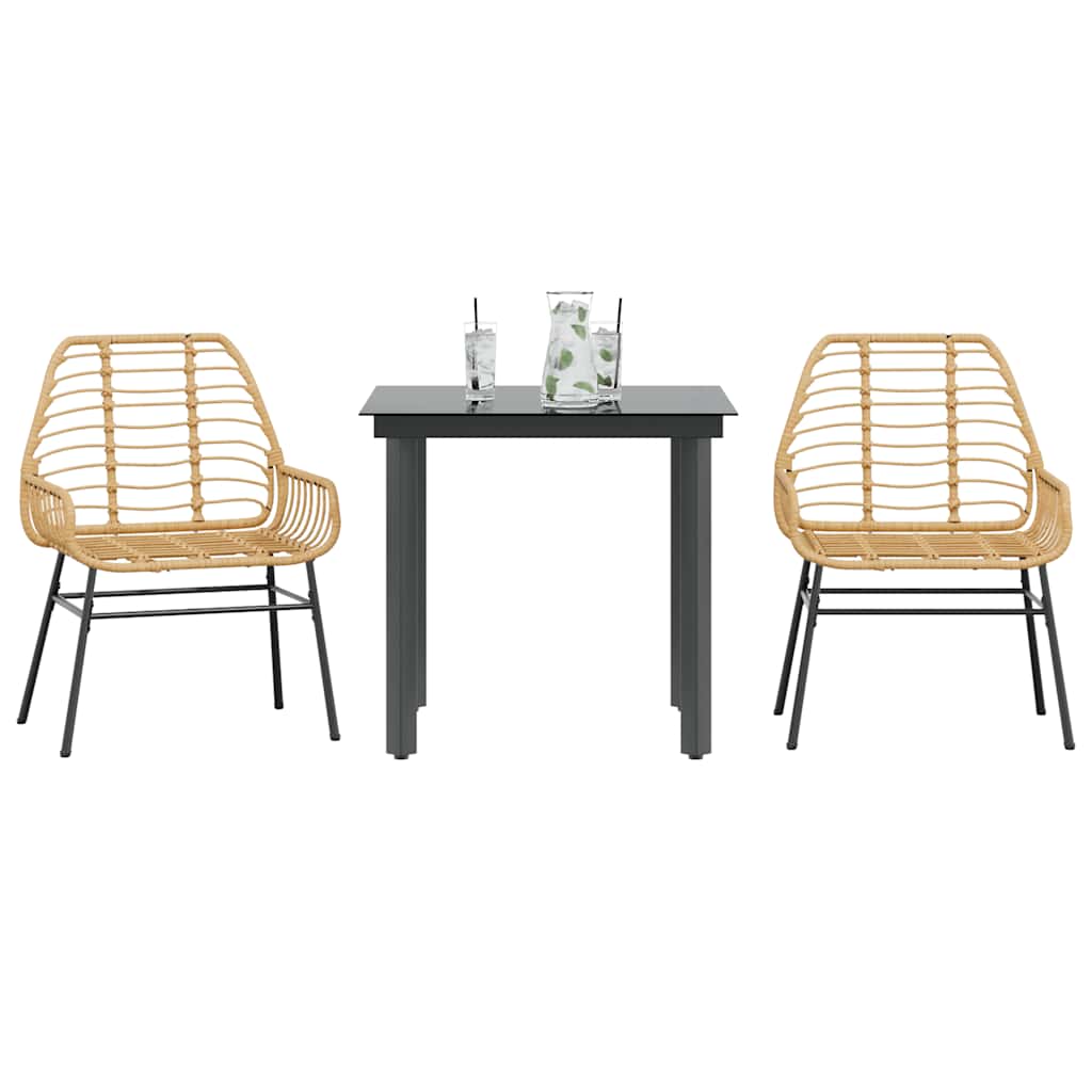3 Piece Garden Dining Set Brown Poly Rattan Glass