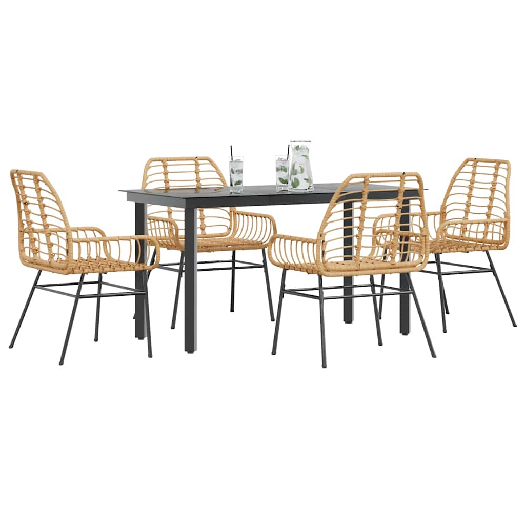 5 Piece Garden Dining Set Brown Poly Rattan Glass