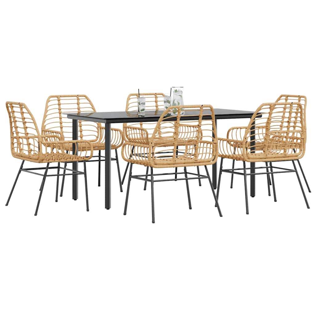 7 Piece Garden Dining Set Brown Poly Rattan Glass