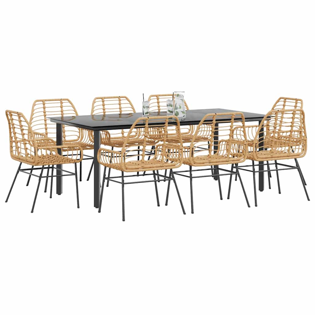 9 Piece Garden Dining Set Brown Poly Rattan Glass