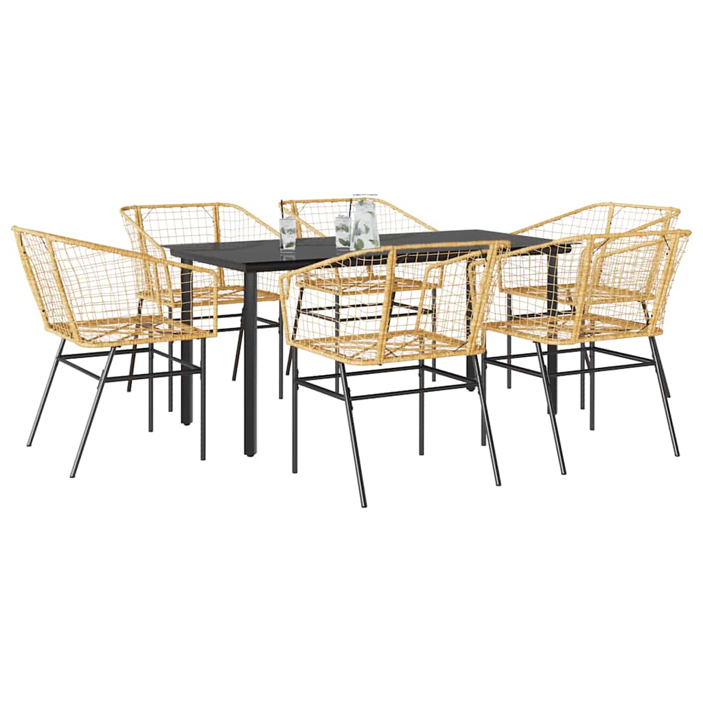 7 Piece Garden Dining Set Brown Poly Rattan Glass