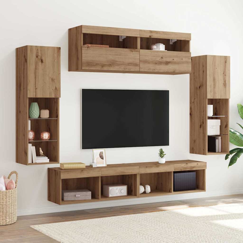 TV-Wandeinheiten mit LED-Lichtern 2 Stück Artisan Eiche 80x30x30 cm