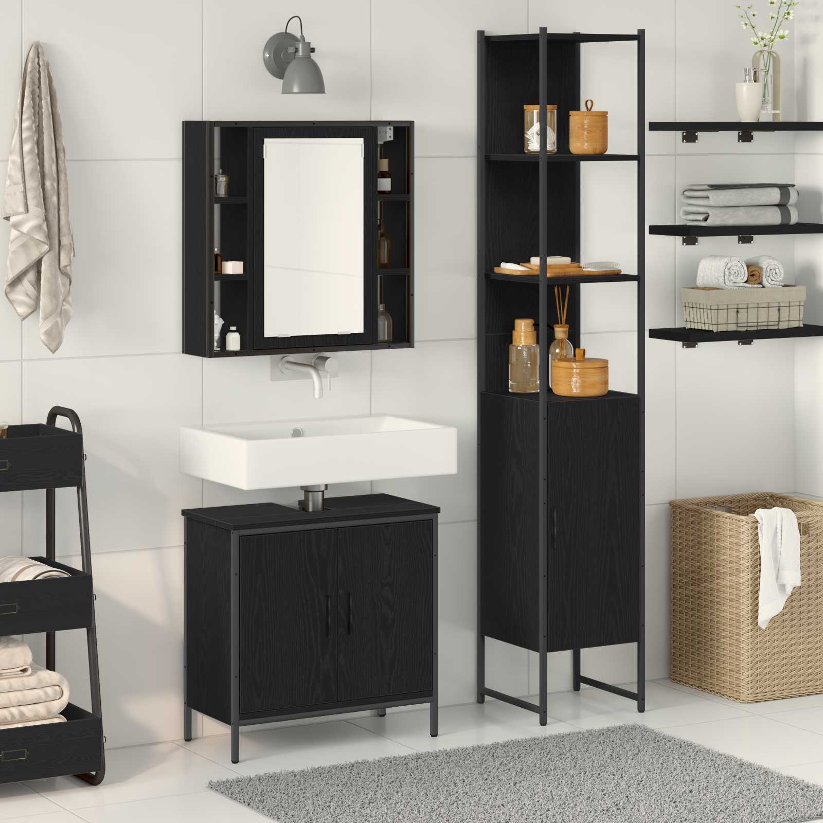 vidaXL Unități de vanitate pentru baie 3 pcs Negru Lemn compozit