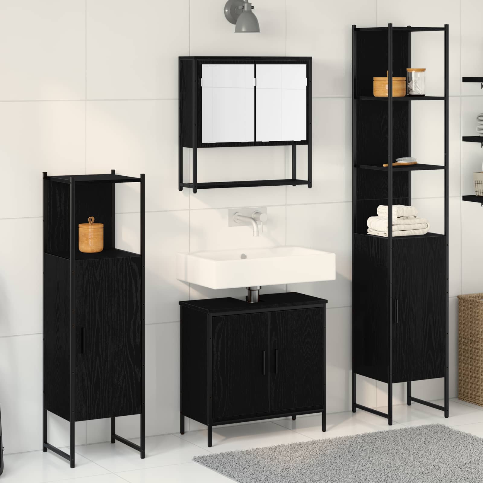 Kylpyhuonekalustesetti hyllyllä ovella 4 pcs Musta Tekninen puu