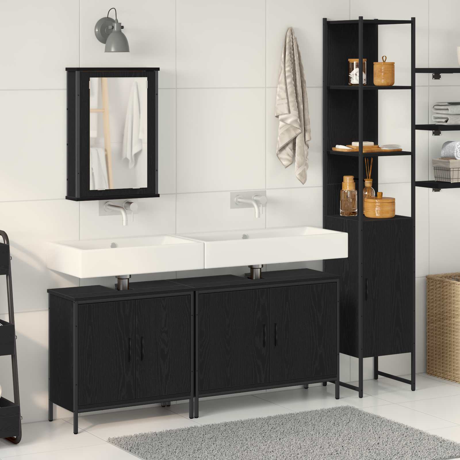 Kylpyhuonekalustesetti hyllyllä ovella 4 pcs Musta Tekninen puu