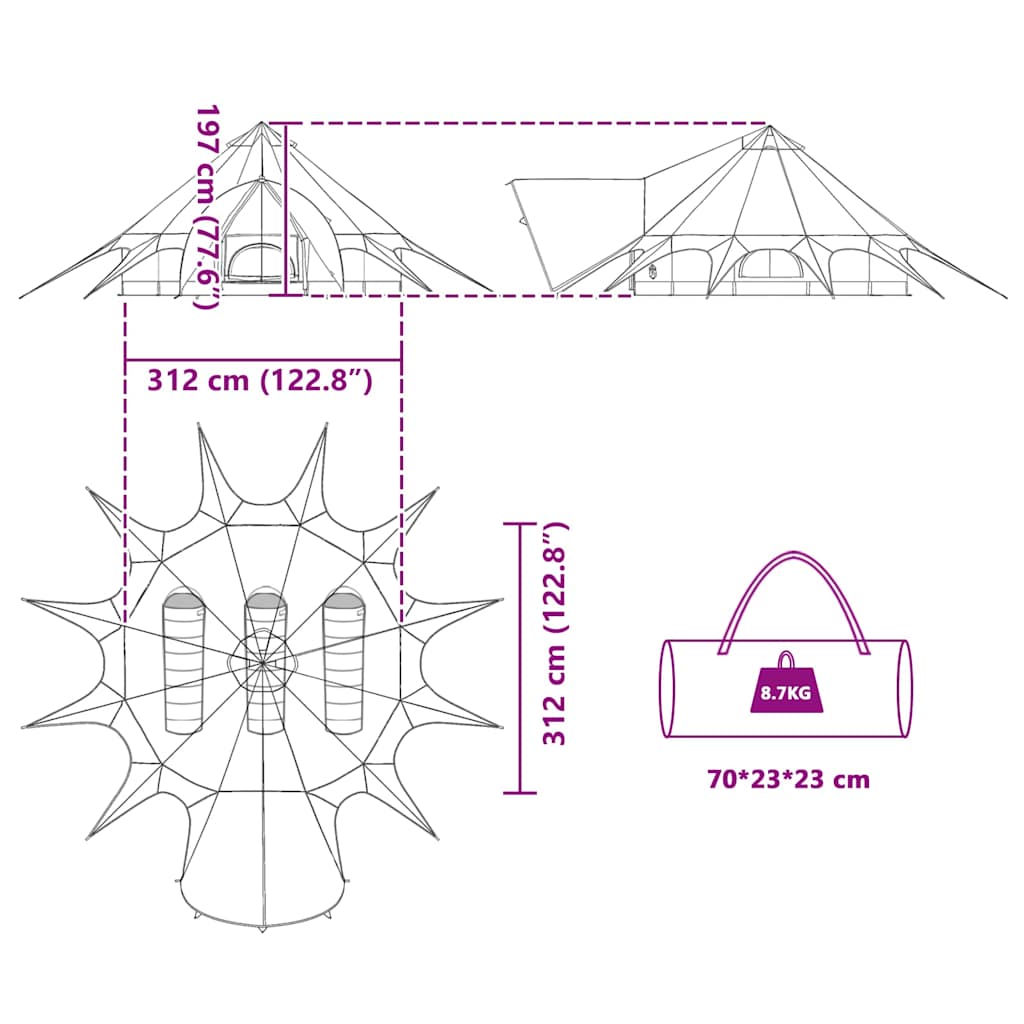 Teepee stan pro 3 osoby Zelená a šedá 600 x 600 x 347 cm - obrázek 14