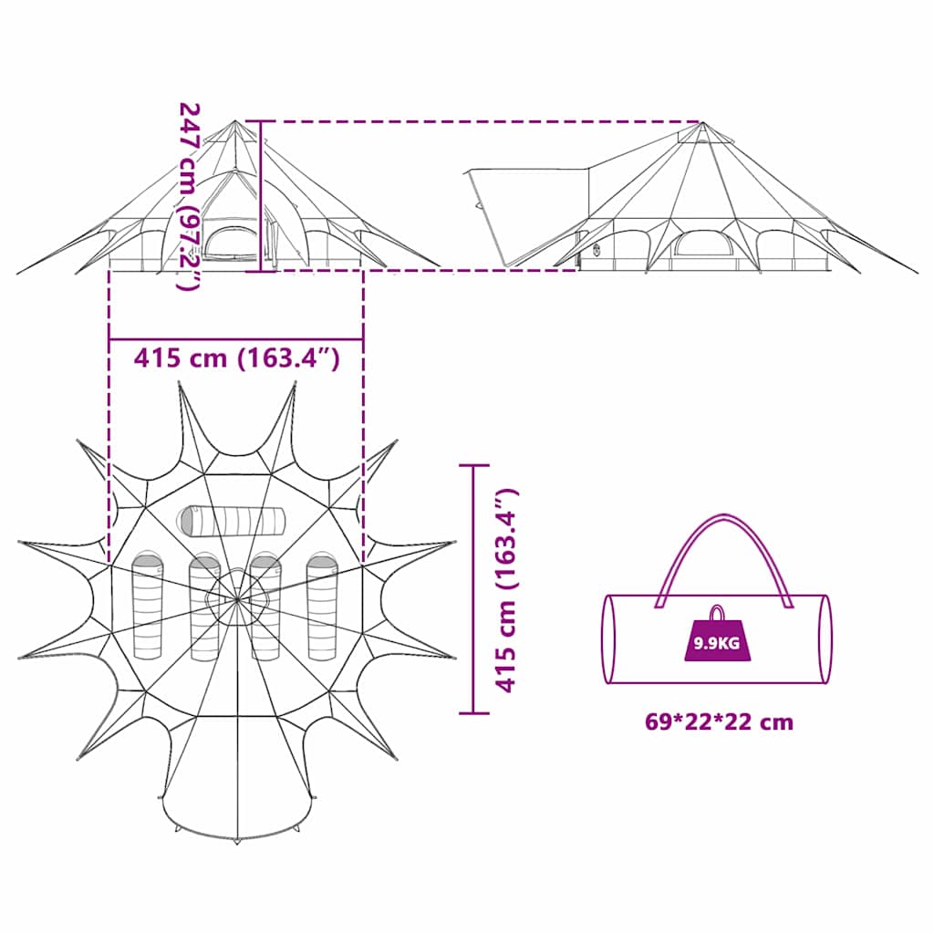 Teepee stan pro 5 osob Zelená a šedá 600 x 600 x 347 cm - obrázek 14