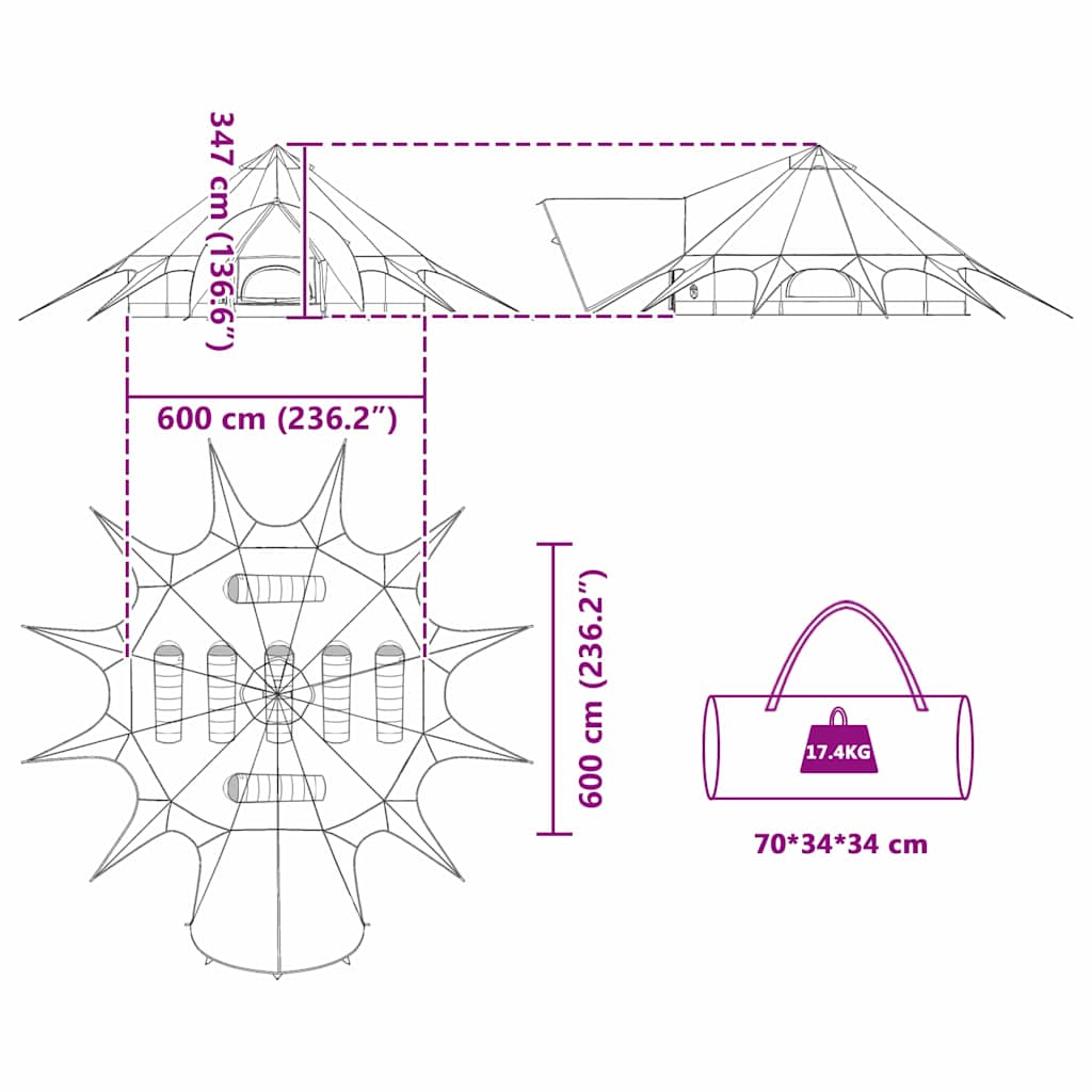 Teepee stan pro 7 osob Zelená a šedá 600 x 600 x 347 cm - obrázek 14