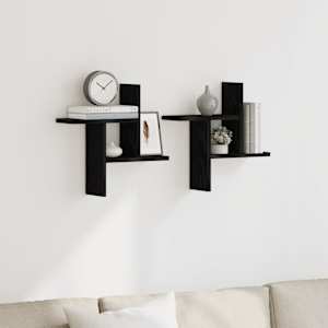 Stenska polica 2 kosa črna hrast 38x12x38 cm inženirski les