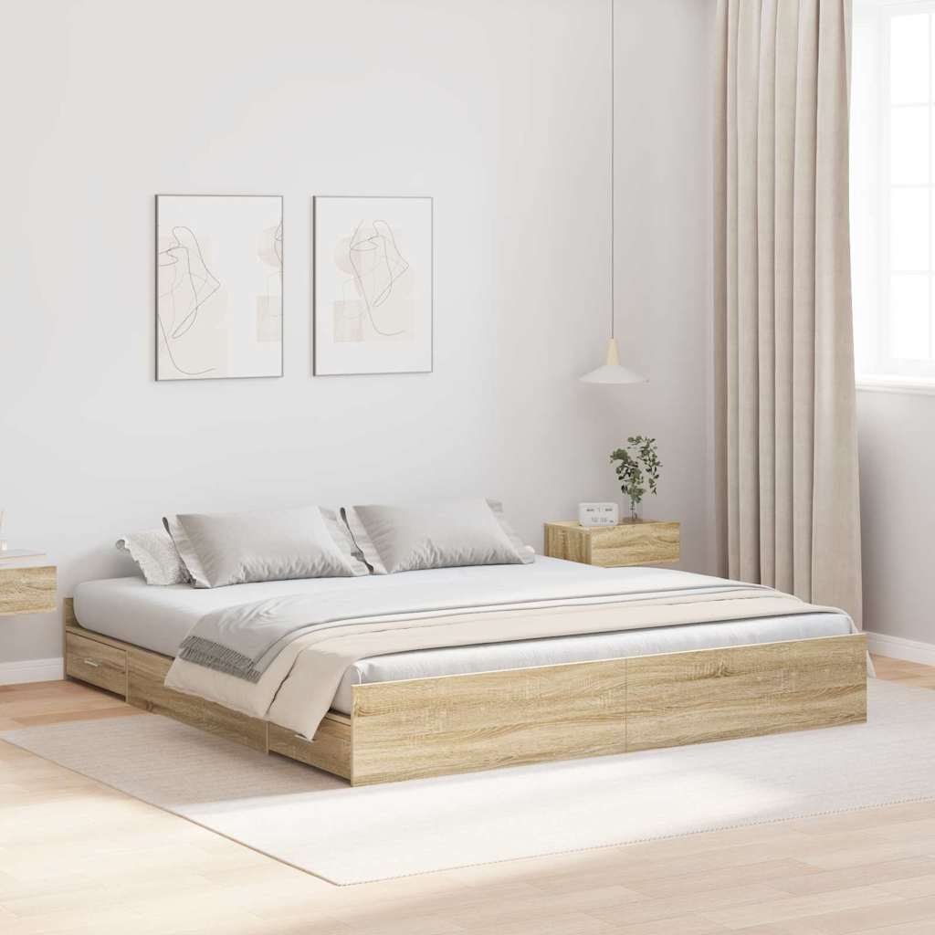 Voodi hoiukohaga raam sahtliga peaga ladustamisega Sonoma tamm 200 x 200 cm
