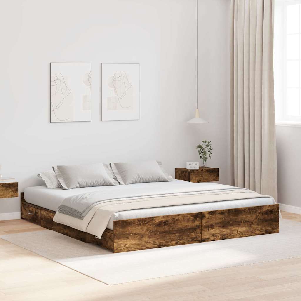 Voodi hoiukohaga raam sahtliga peaga Suitsutatud tamm 180 x 200 cm