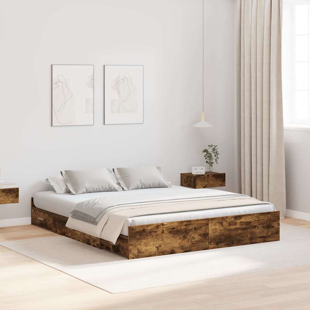 Voodi hoiukohaga raam sahtliga peaga Suitsutatud tamm 160 x 200 cm