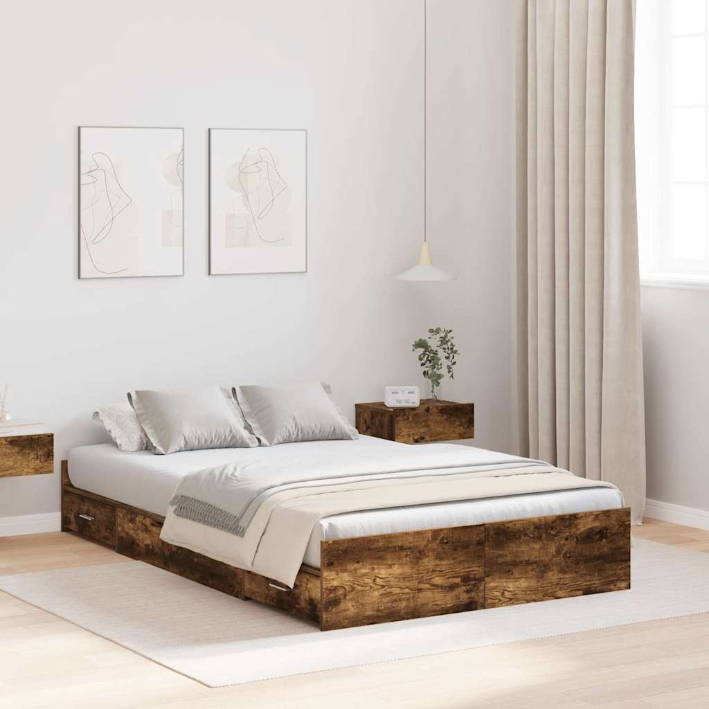 Voodi hoiukohaga raam sahtliga peaga Suitsutatud tamm 120 x 200 cm
