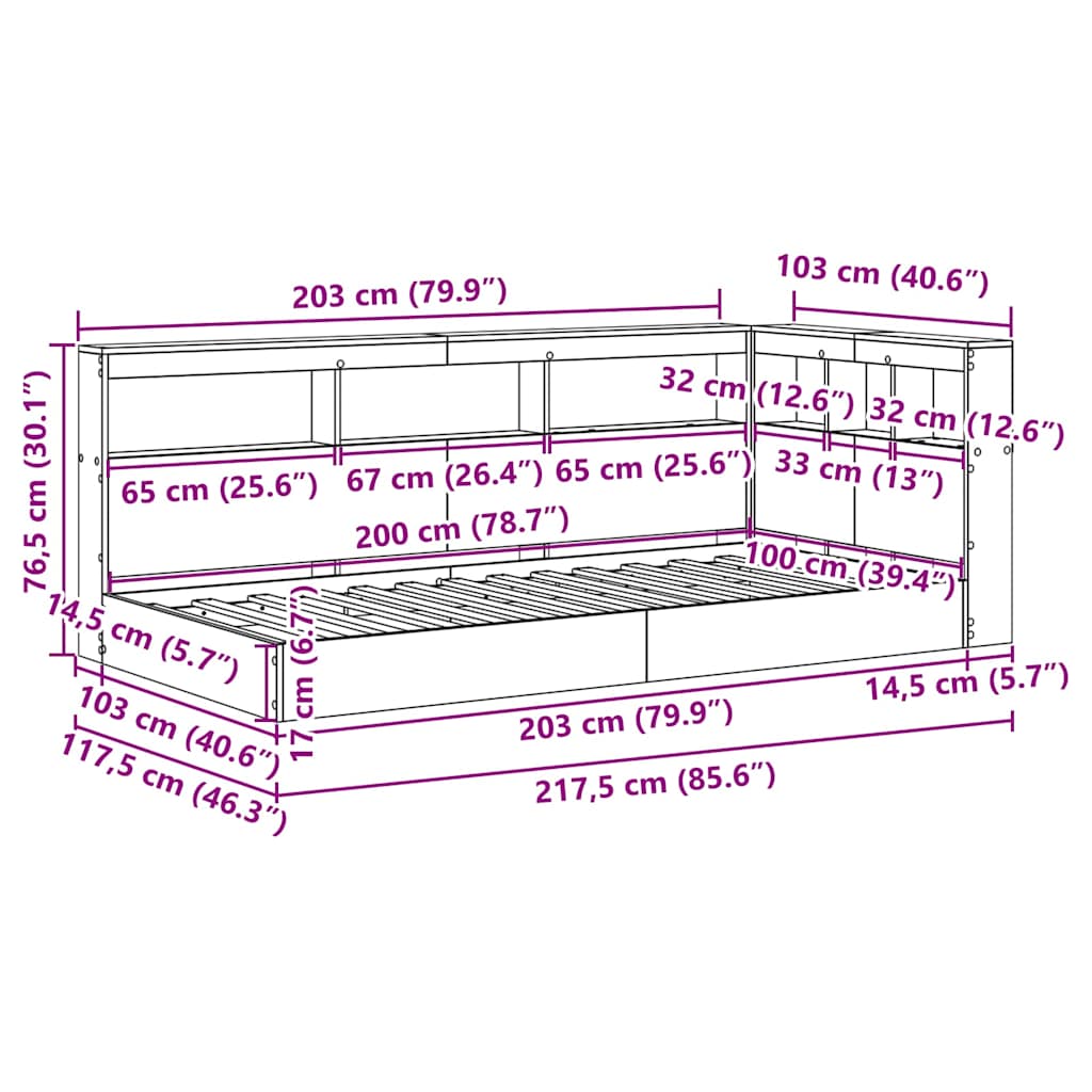 Könyvespolcos Ágy fejtámlával sonoma tölgy 100 x 200 cm Faanyag