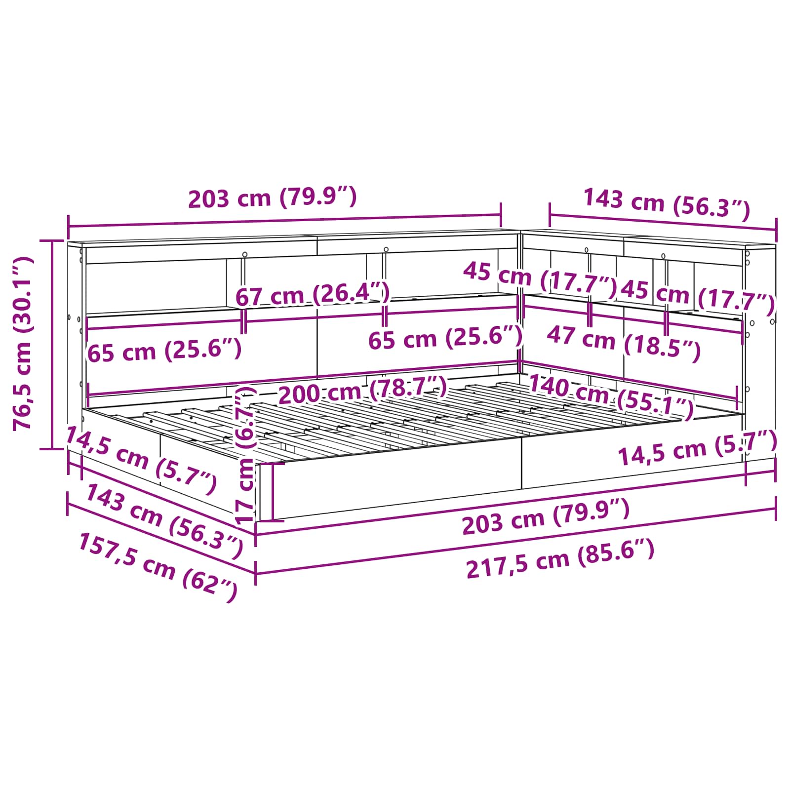 Kirjahylly Sänky Betoninharmaa 140 x 200 cm Tekninen puu - Image 9