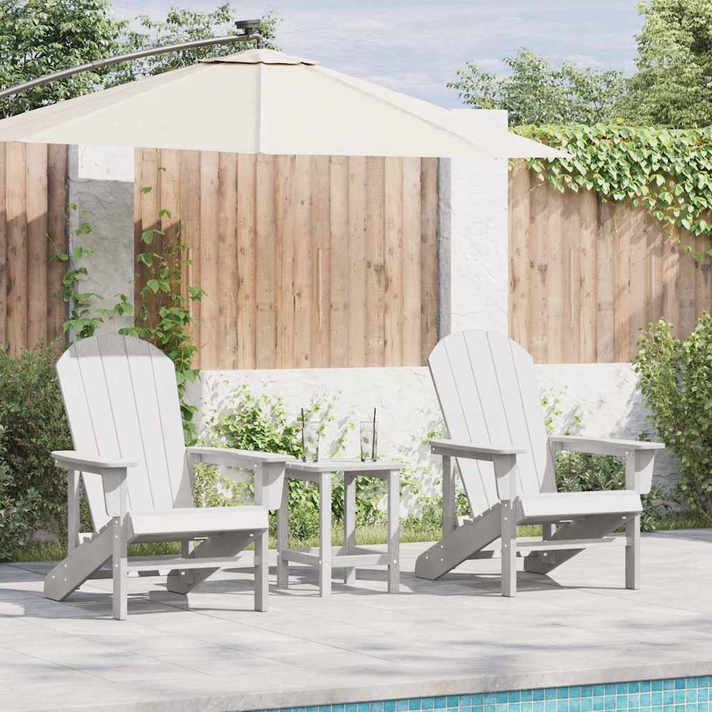 комплект 3 части градински шезлонги Бял HDPE, Стол Adirondack vidaXL Бял 74x82x91 см HDPE, Странична масичка vidaXL Бяла 38x38x45 см HDPE