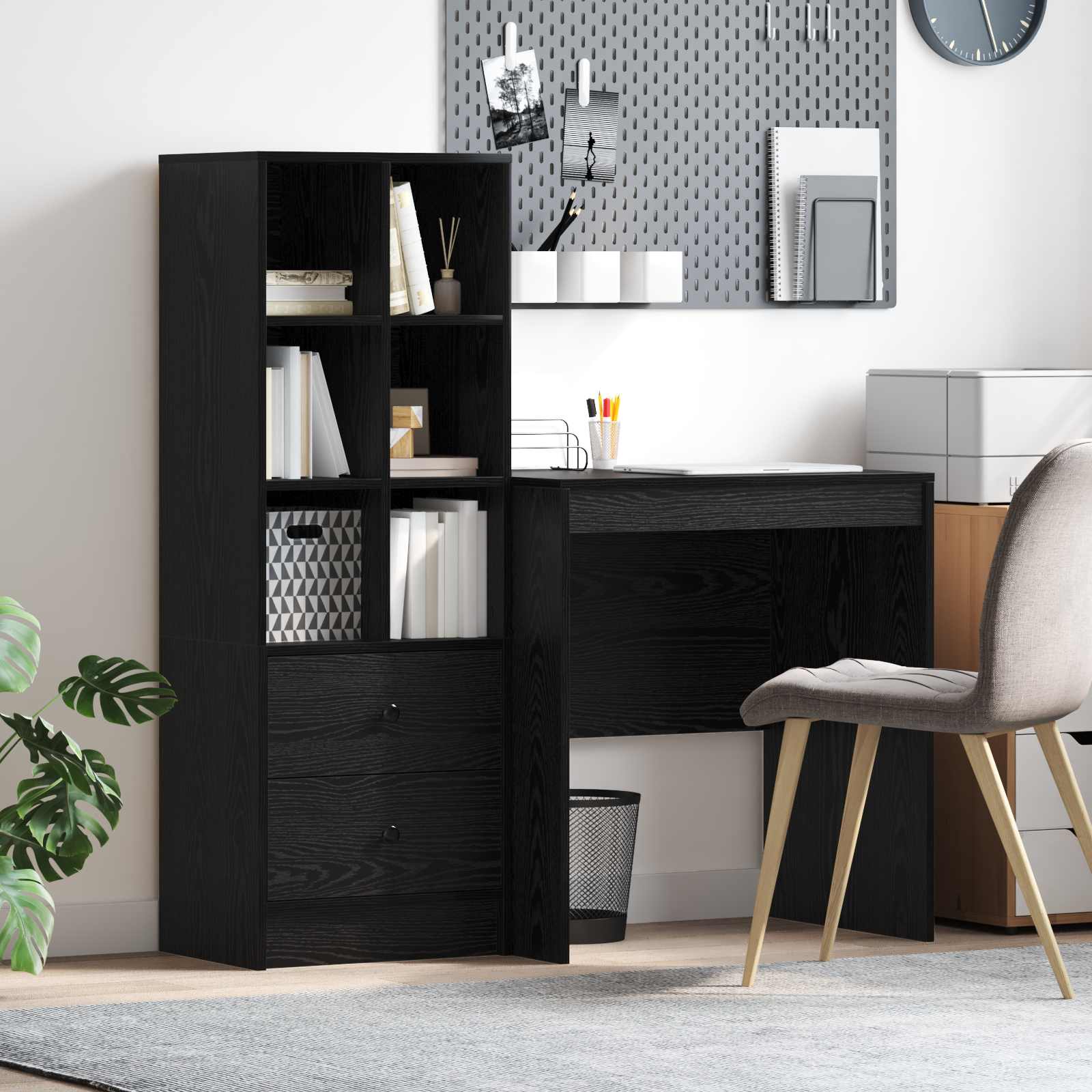 Bureau met lade met plank met opslag 2 pcs Zwart Eiken