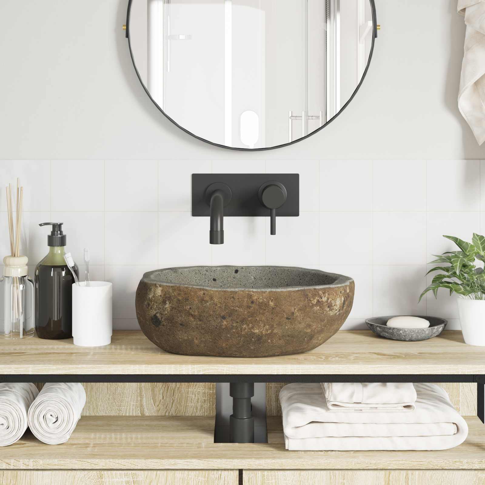 Thumbnail - vidaXL Flusssteinwaschbecken Hellgrau (30-37) x (25-30) x 12 cm