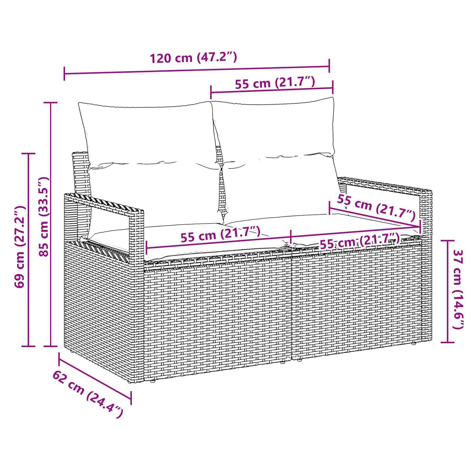 Dārza dīvāns ar spilvenu 120 x 62 x 69 cm poliratāns