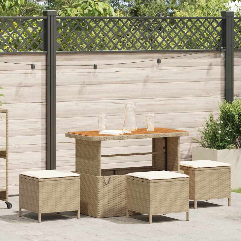 4-delt have spisebord sæt med puder beige poly rattan akacietræ