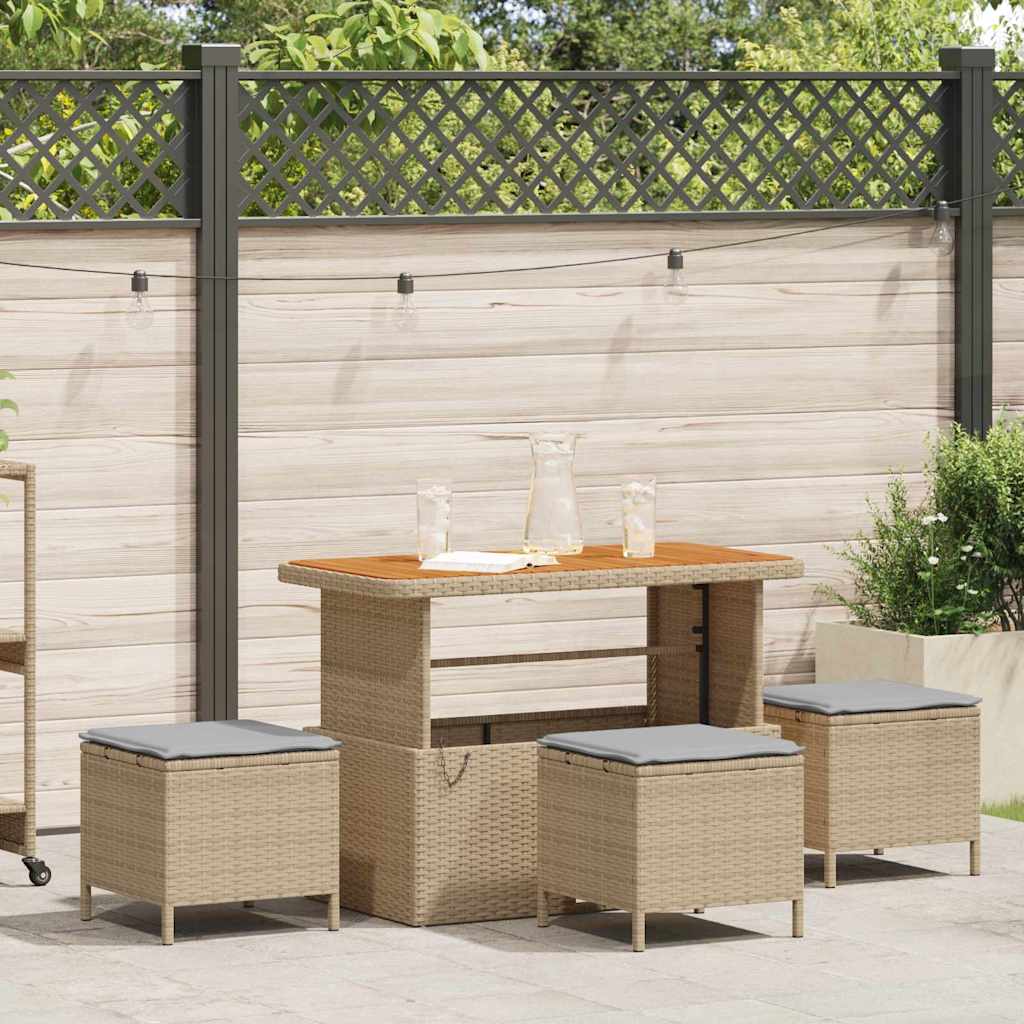 4 Deles Have Spisebordssæt med Puder Beige Poly Rattan Akacietræ