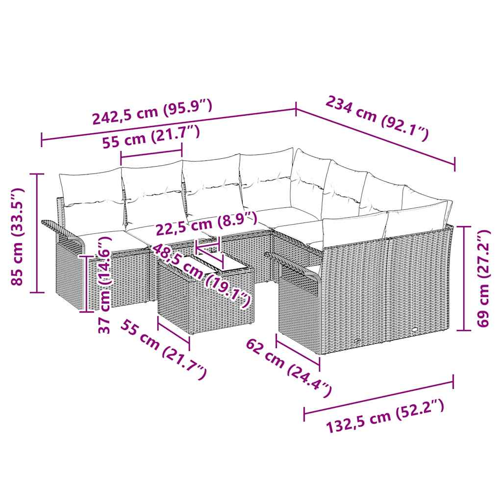 Vrtna sedežna garnitura 9 pcs Svetlo siva Poly ratan - slika 13