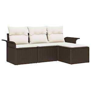 Set pohovek s polštářem 4 pcs Hnědá a krémová polyratan - obrázek 2
