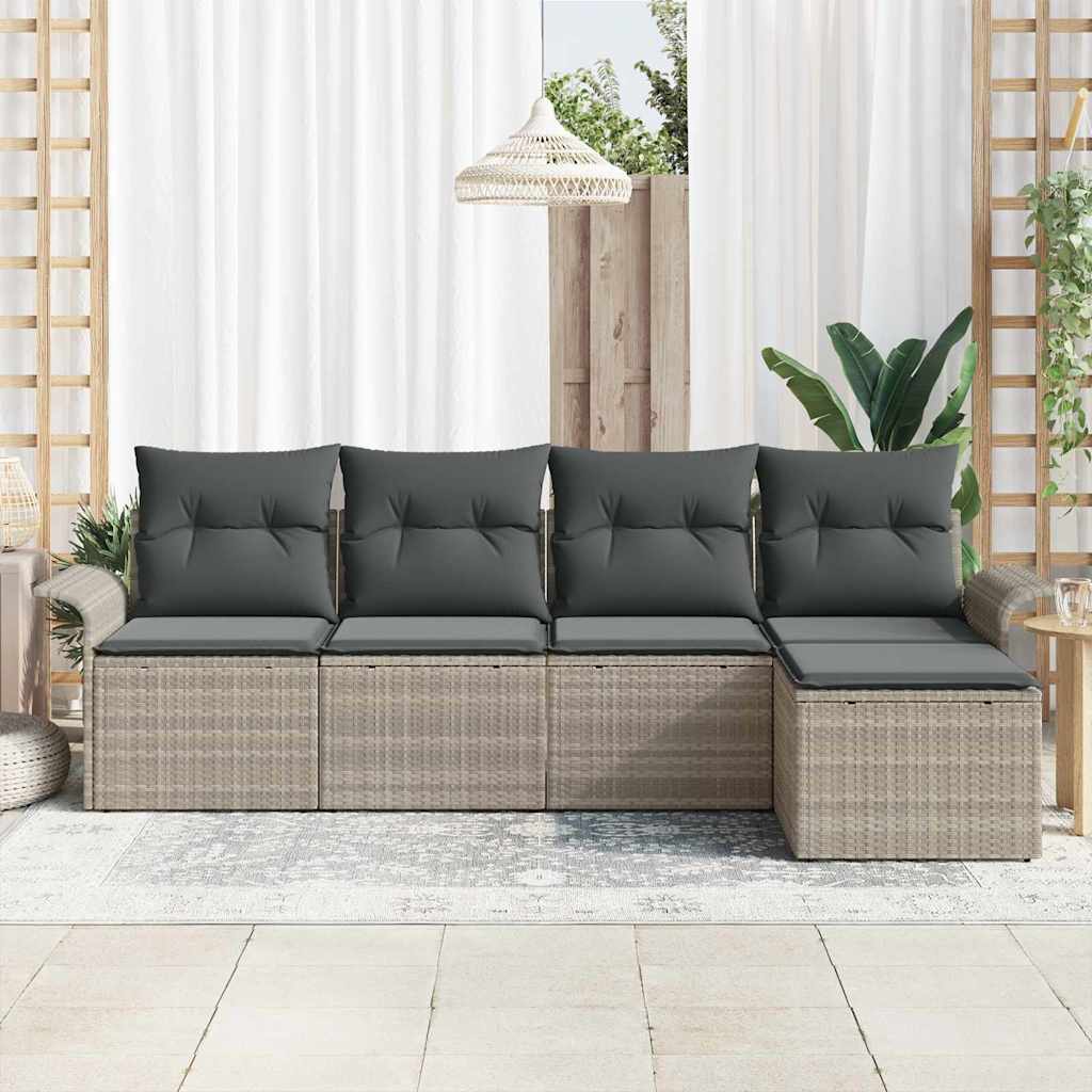 vidaXL 5-delige tuinset met kussens in lichtgrijs van poly rattan