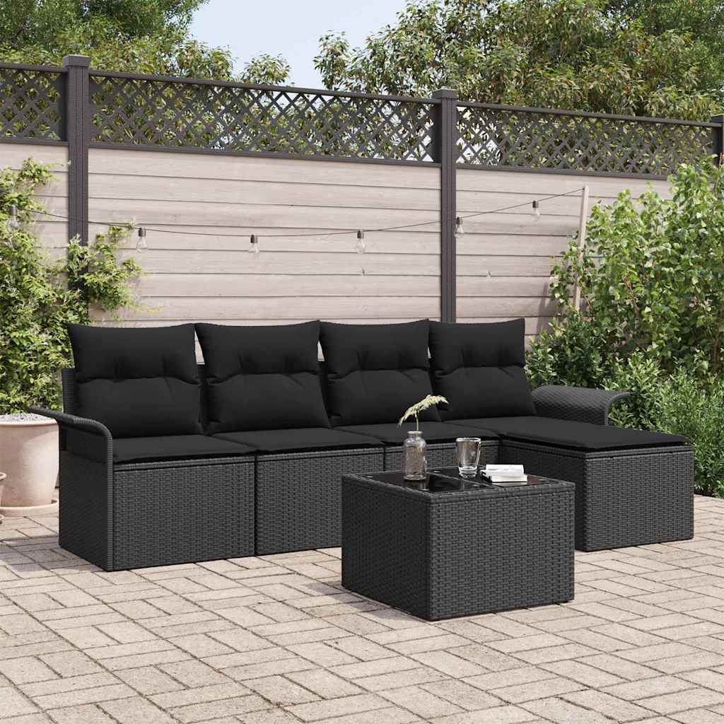 6 Del Havesofa Sæt med Puder Sort Poly Rattan
