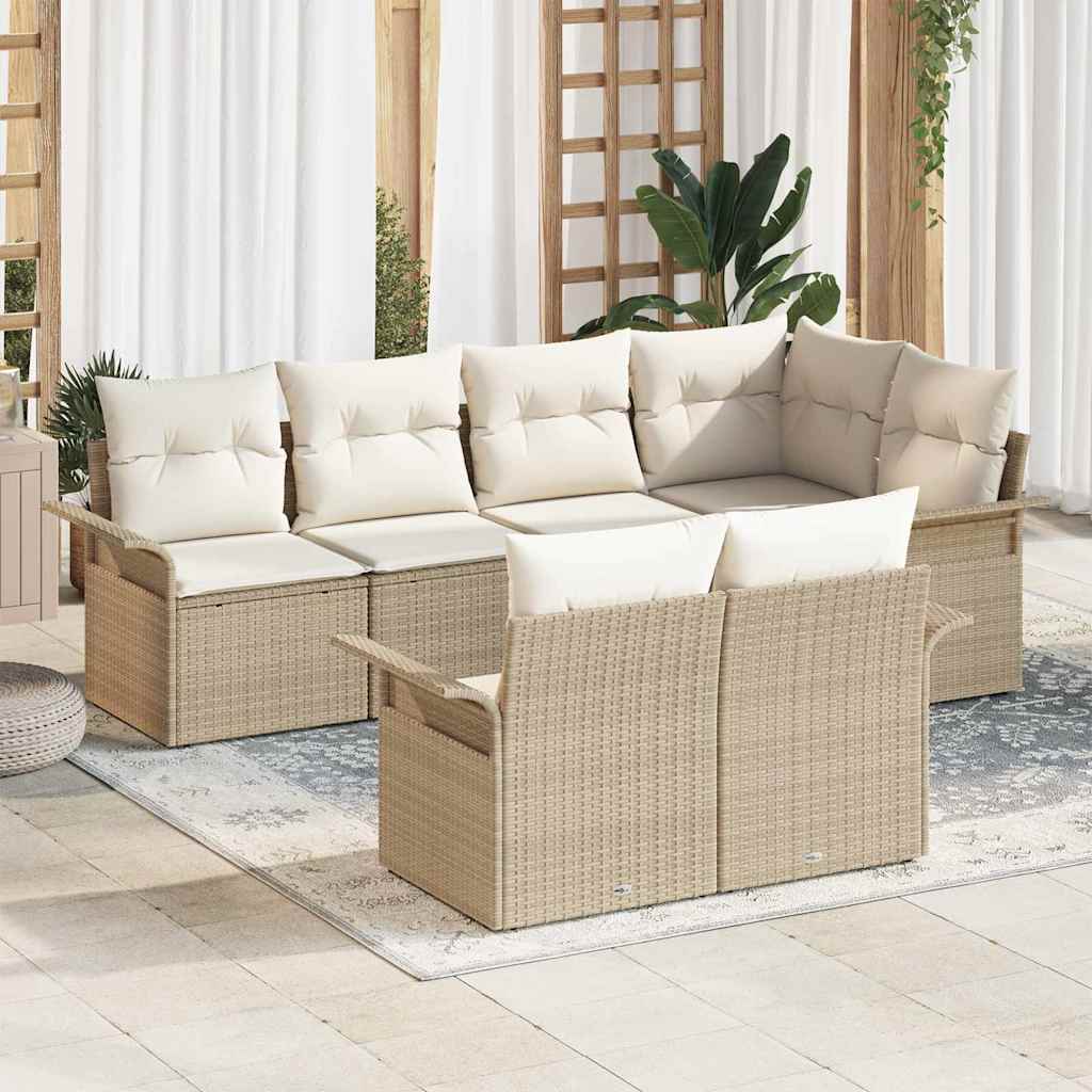 Havesofa sæt på 7 stykker med puder i beige poly rattan