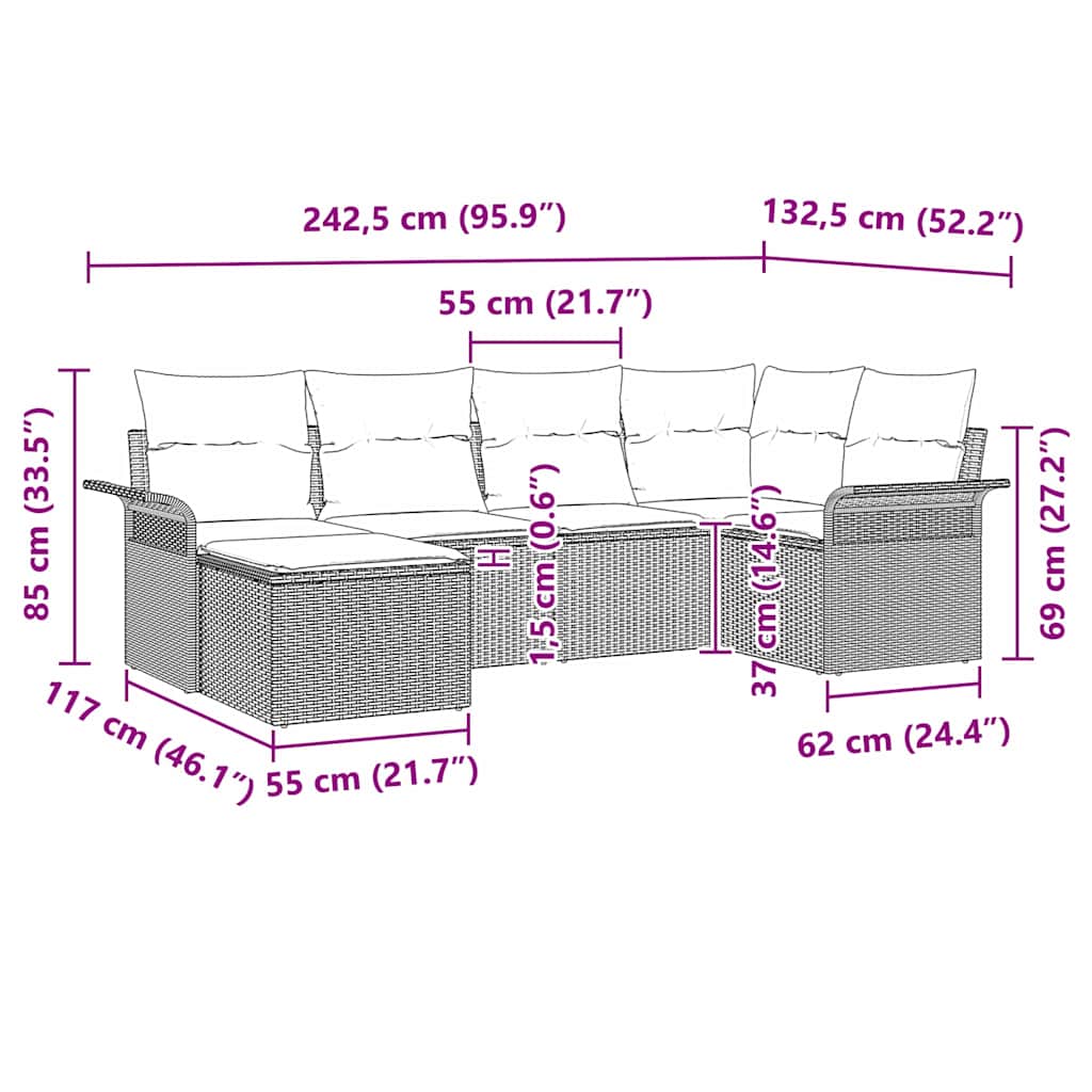 Vrtna sedežna garnitura z blazino 6 pcs Svetlo siva poli ratan - slika 13