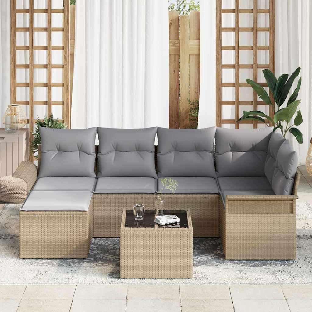 vidaXL 7-delige tuinset met kussens in zwart, van poly rattan.