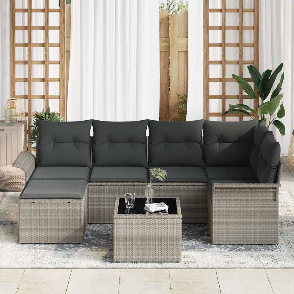 vidaXL 7-delige tuinsofa set met grijze kussens van poly rattan