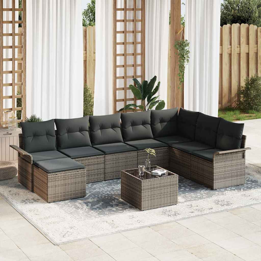 8-tlg. Garten-Sofagarnitur mit Kissen Grau Poly Rattan