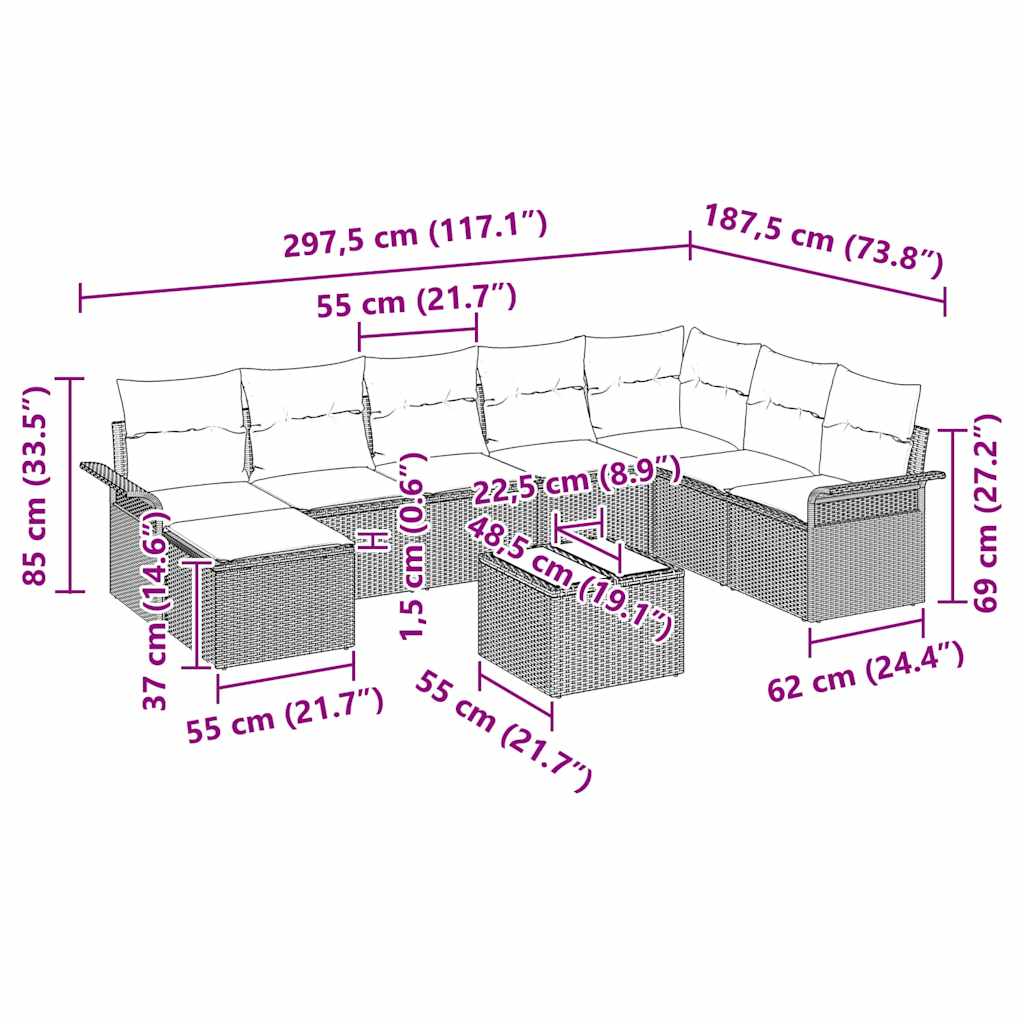 Sada zahradních pohovek s polštářem 9 pcs Šedá Poly ratan - obrázek 15
