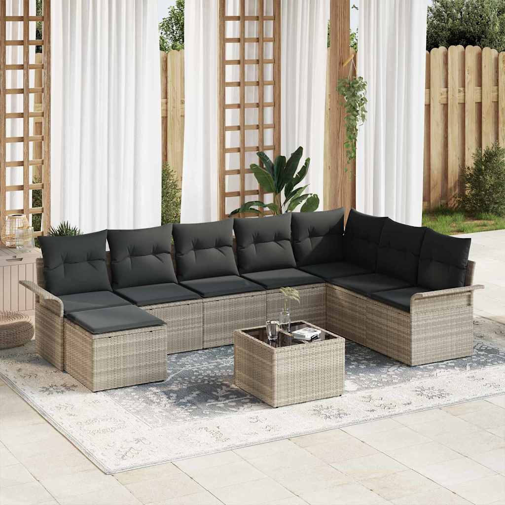 9-tlg. Garten-Sofagarnitur mit Kissen Grau Poly Rattan
