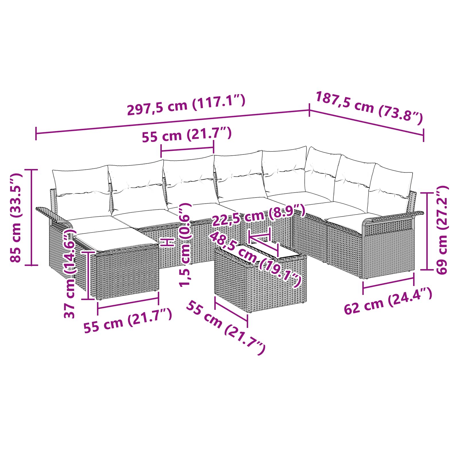 Sada zahradních pohovek s polštářem 9 pcs Šedá polyratan - obrázek 15