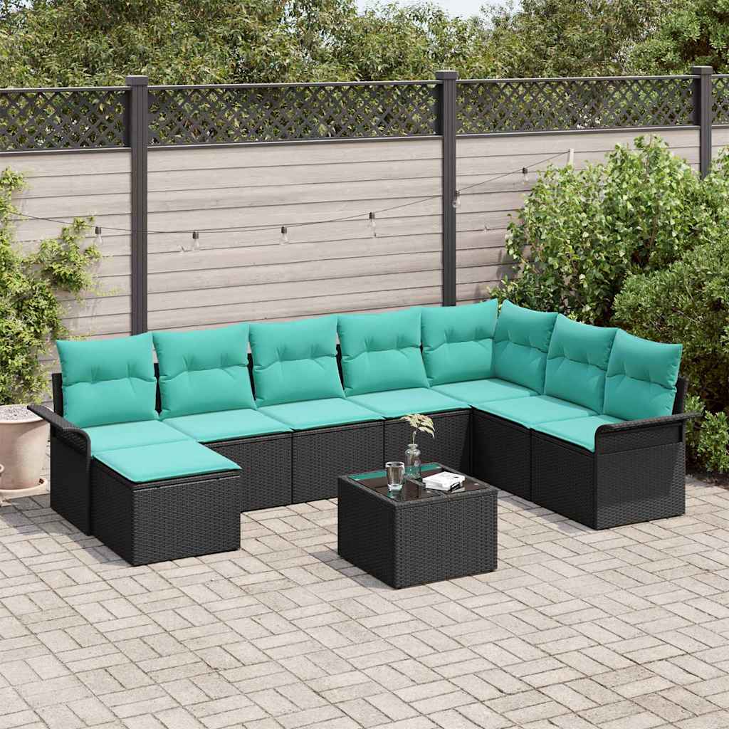 vidaXL Set de canapele pentru grădină cu pernă 9 pcs Negru poliratan