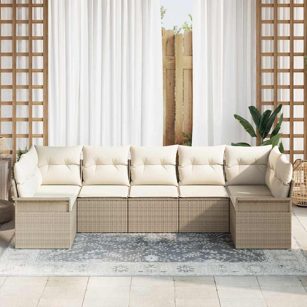 vidaXL 7-delige loungeset voor buiten met kussens in beige poly rattan