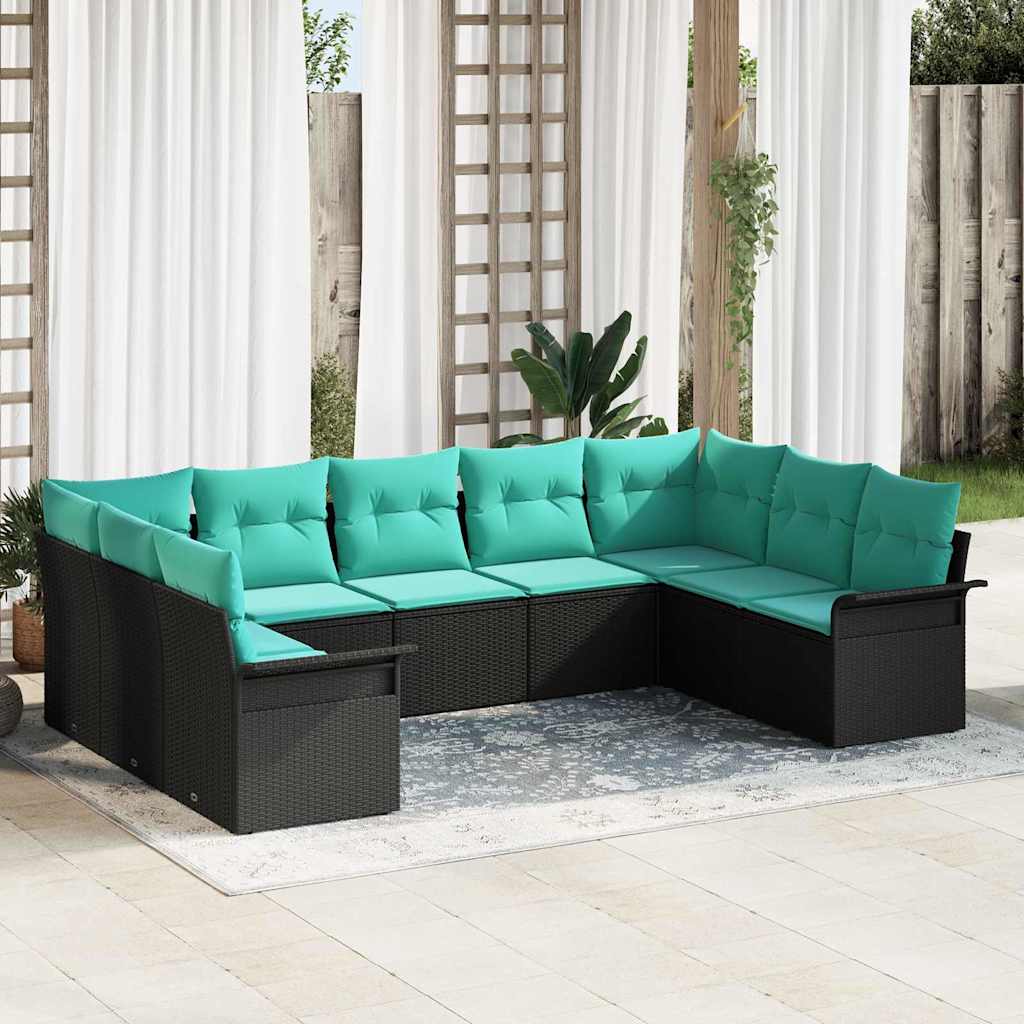 vidaXL Set de canapele pentru grădină cu pernă 9 pcs Negru poliratan