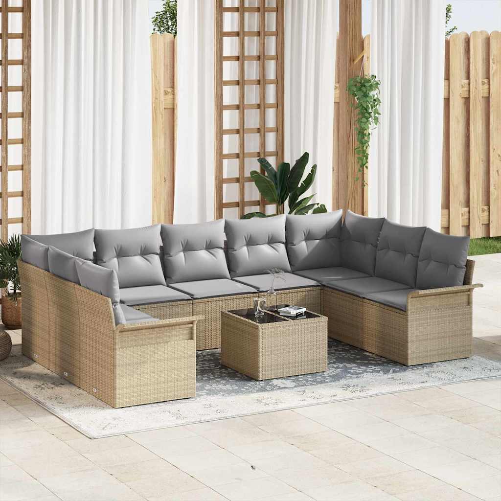 10 Stykker Havemøbel Sæt med Puder Sort Poly Rattan