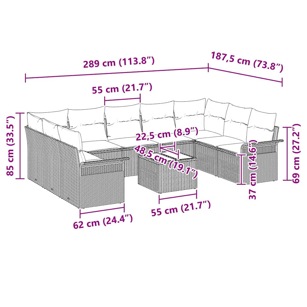 Vrtna sedežna garnitura z blazino 10 pcs Svetlo siva poli ratan - slika 13
