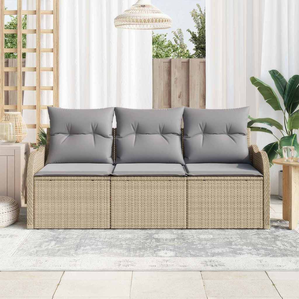 vidaXL 3-Delige Tuinbank Set met Kussens in Beige van Poly Rattan
