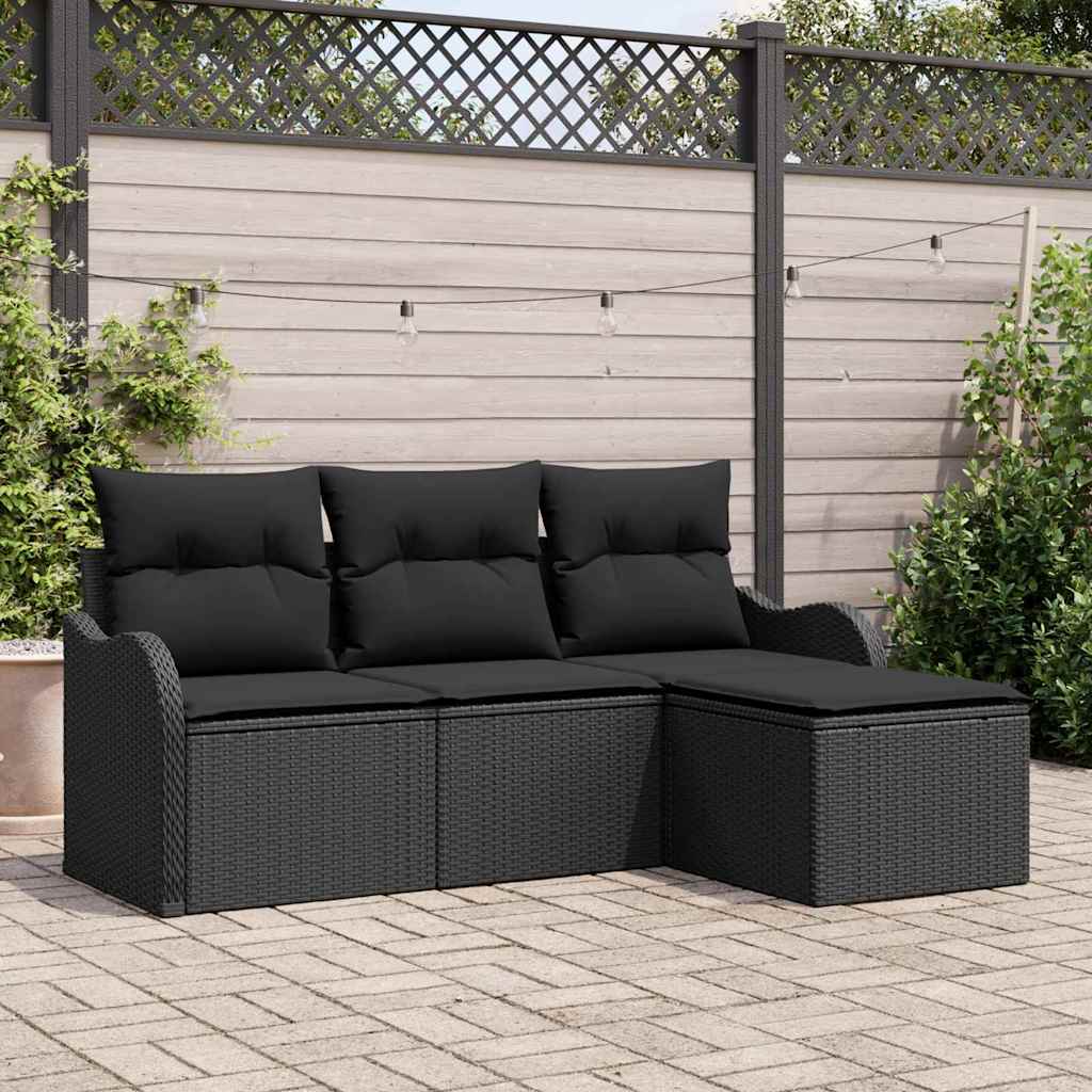 4 Stk Have Sofa Set med Puder Sort Poly Rattan, vidaXL 2-Sæders Have Sofa med Puder Sort Poly Rattan