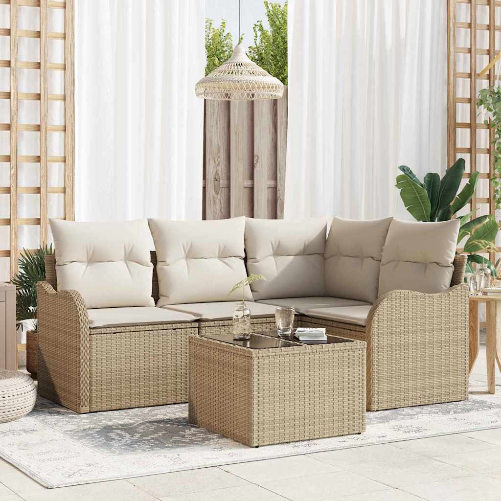 5 Piece Have Sofa Sæt med puder Brun Poly Rattan