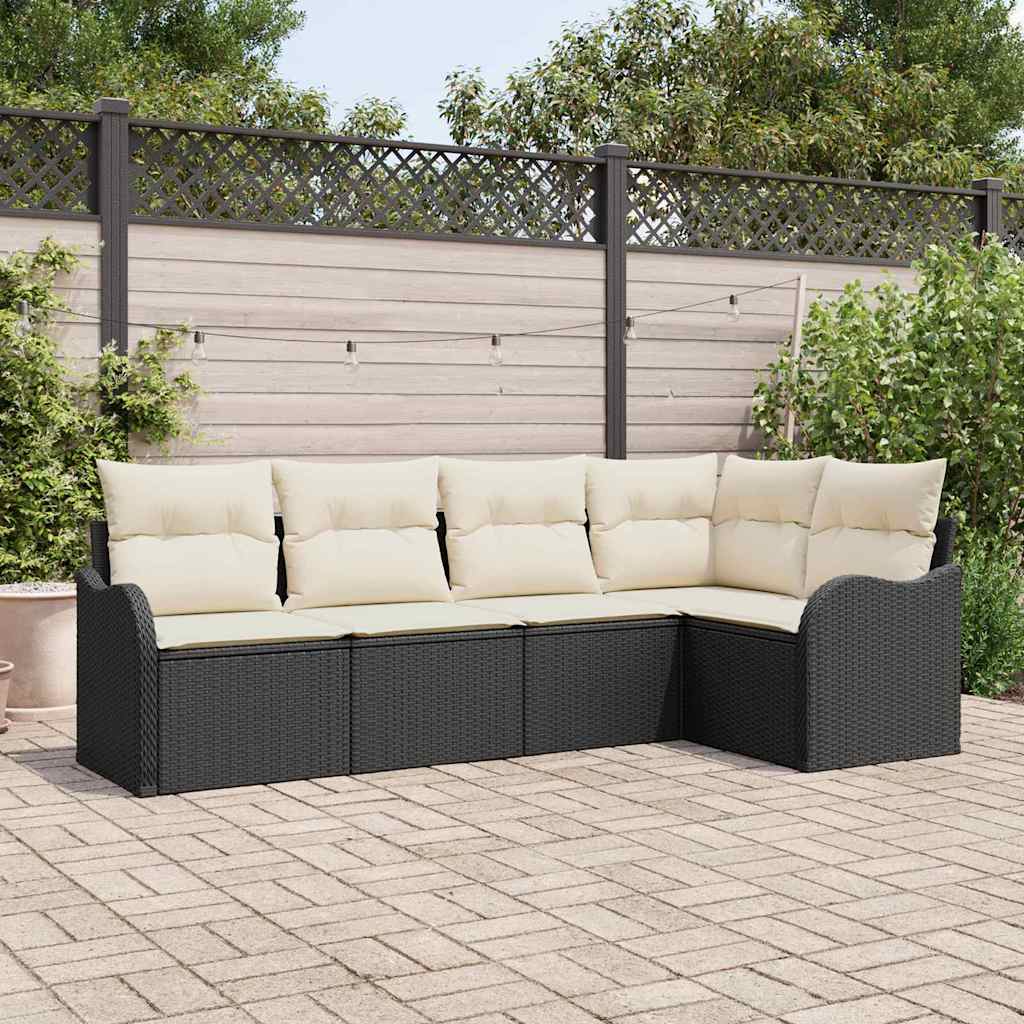 5 Stk Have Sofa Sæt med Puder Sort Poly Rattan, vidaXL 2-Personers Have Sofa med Puder Sort Poly Rattan